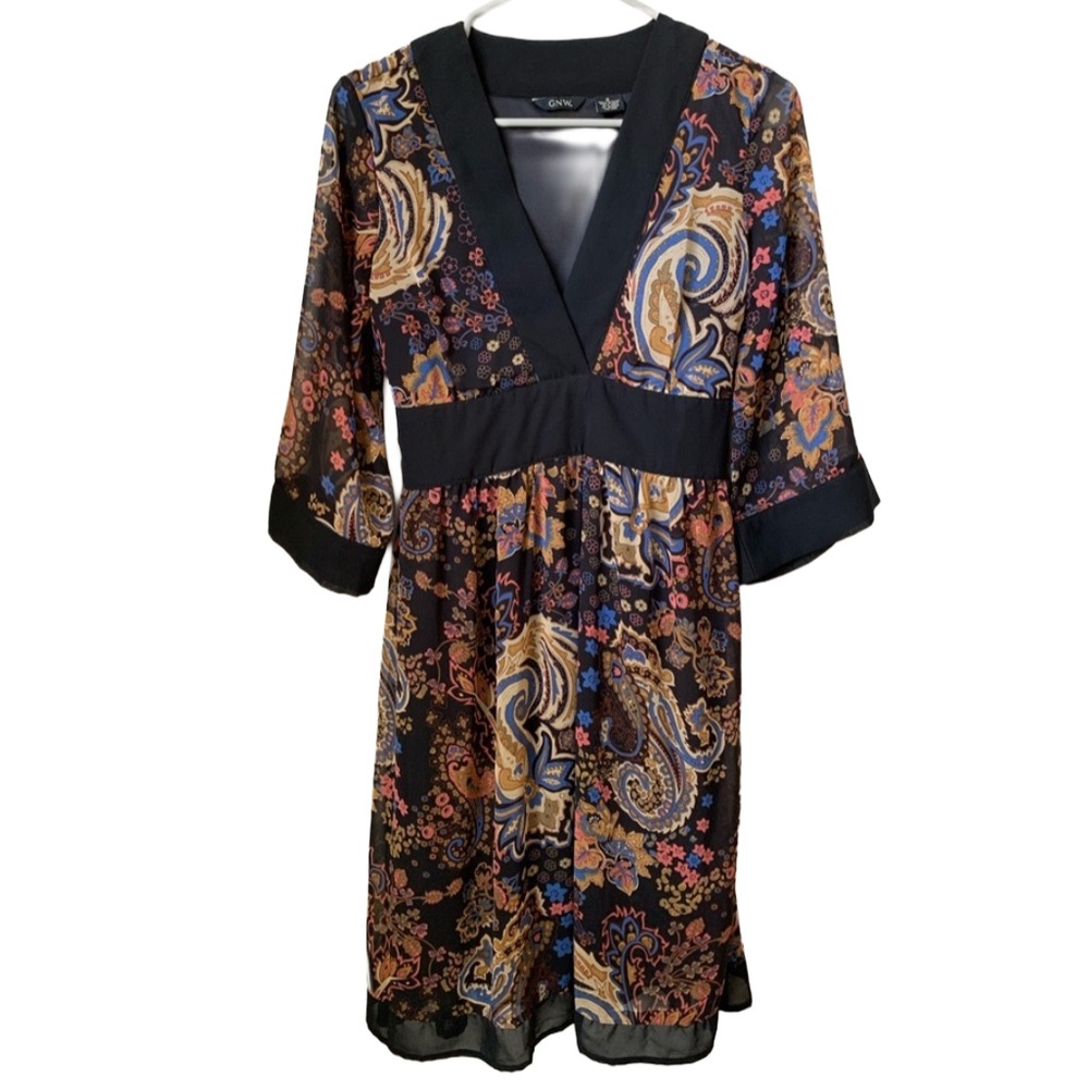 GNW Women’s V-Neck Wrap Front 3/4 Sheer Bell Sleeve Lined Fit & Flare Midi Dress